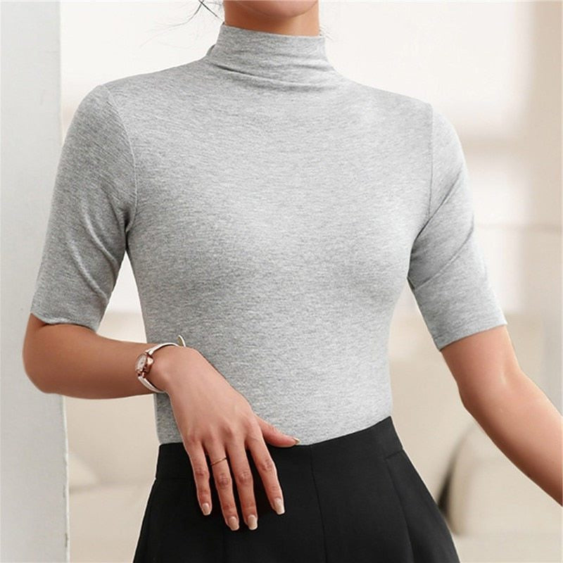 Roll Neck Top with Short Sleeves and Fitted Cut - Grey
