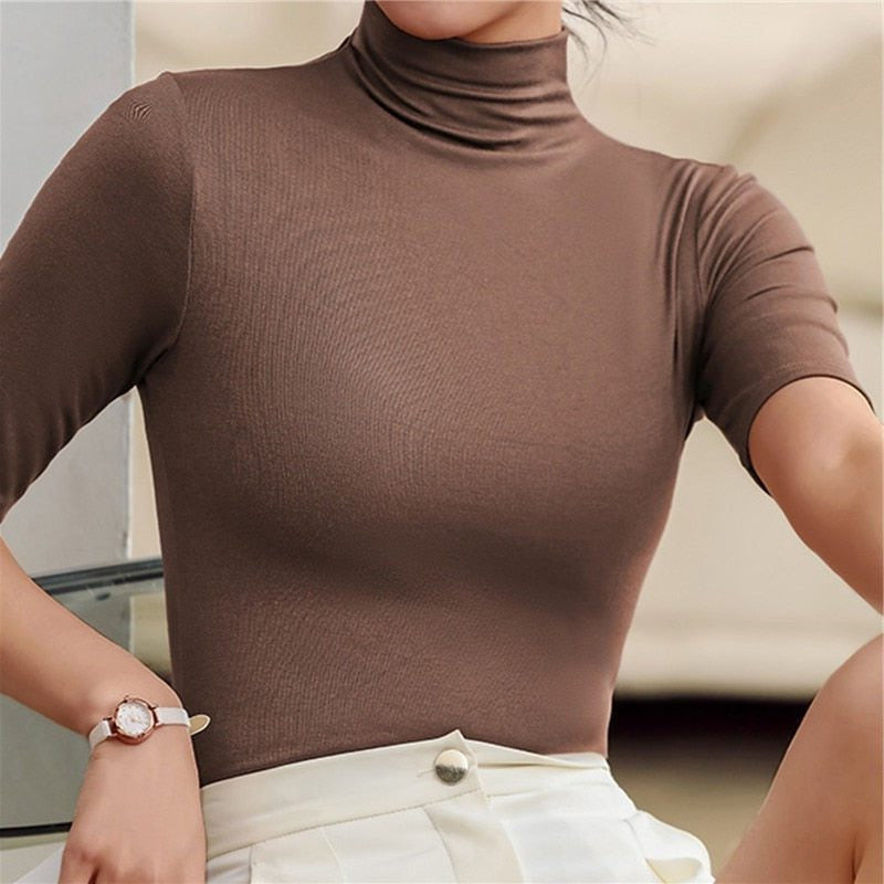 Roll Neck Top with Short Sleeves and Fitted Cut - Brown