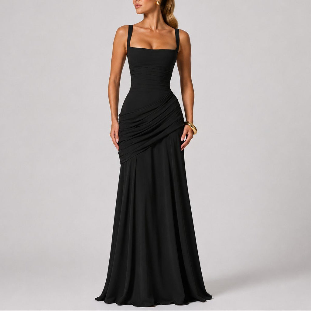 Ruched Maxi Dress with Square Neck and Fitted Bodice - Black