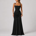 Ruched Maxi Dress with Square Neck and Fitted Bodice - Black