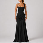 Ruched Maxi Dress with Square Neck and Fitted Bodice - Black