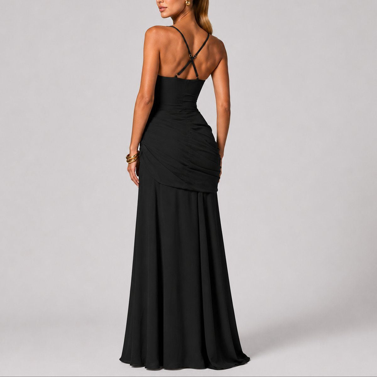 Ruched Maxi Dress with Square Neck and Fitted Bodice
