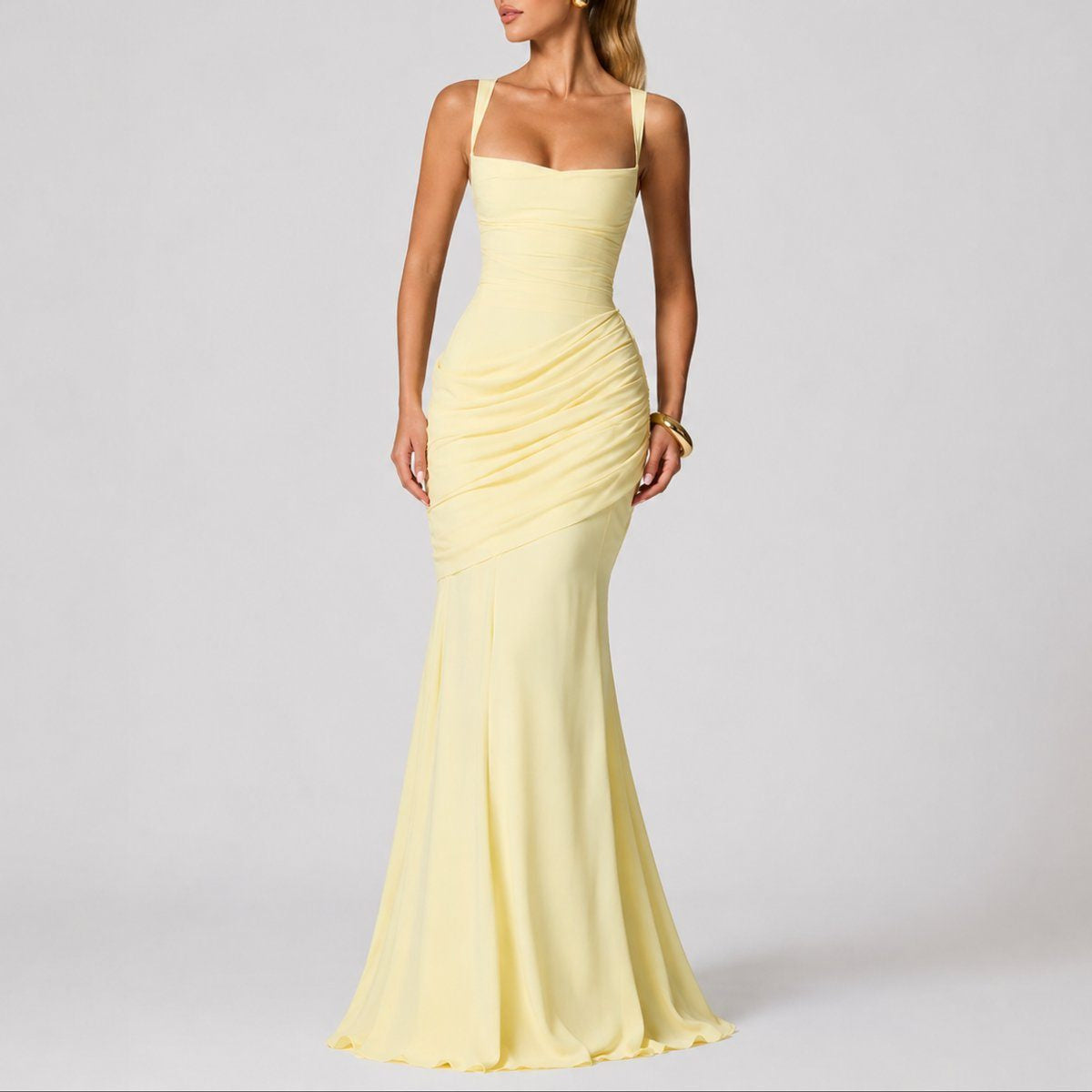 Ruched Maxi Dress with Square Neck and Fitted Bodice - Yellow