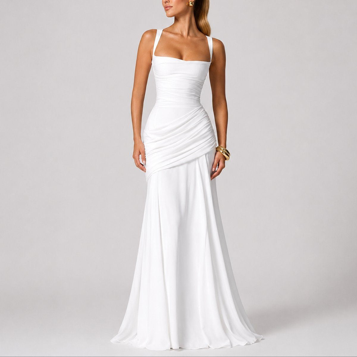 Ruched Maxi Dress with Square Neck and Fitted Bodice - White