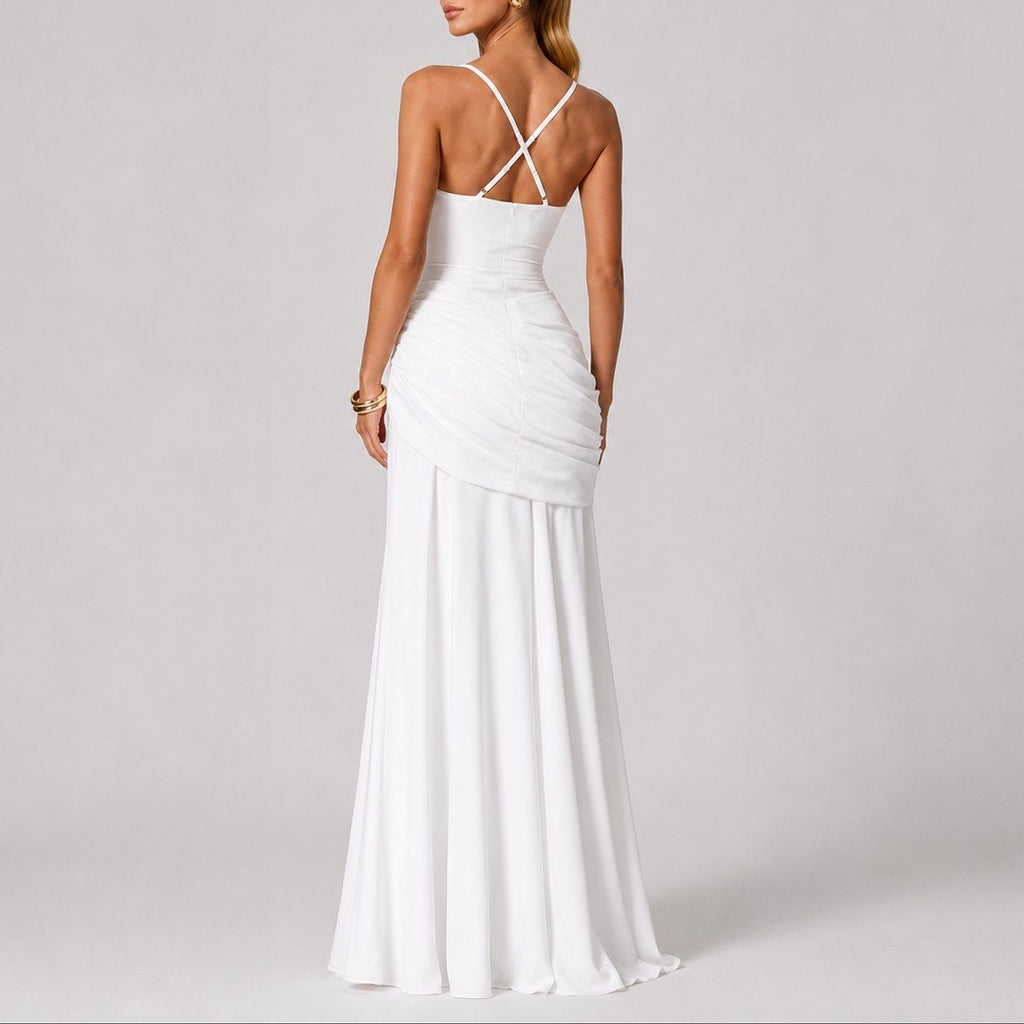 Ruched Maxi Dress with Square Neck and Fitted Bodice