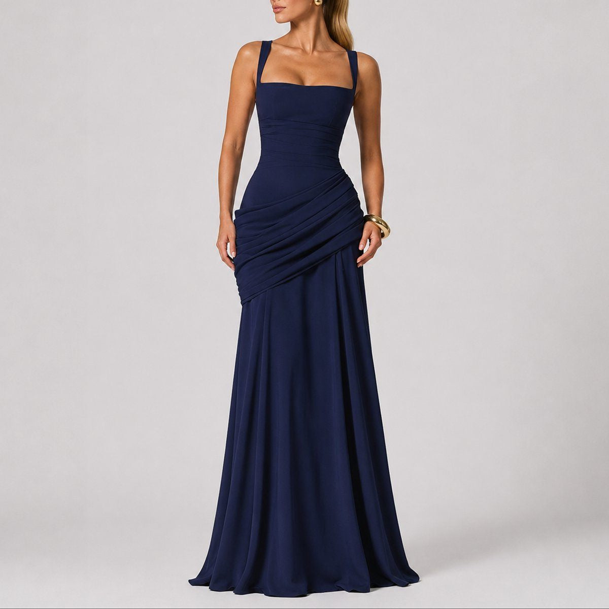 Ruched Maxi Dress with Square Neck and Fitted Bodice - Navy