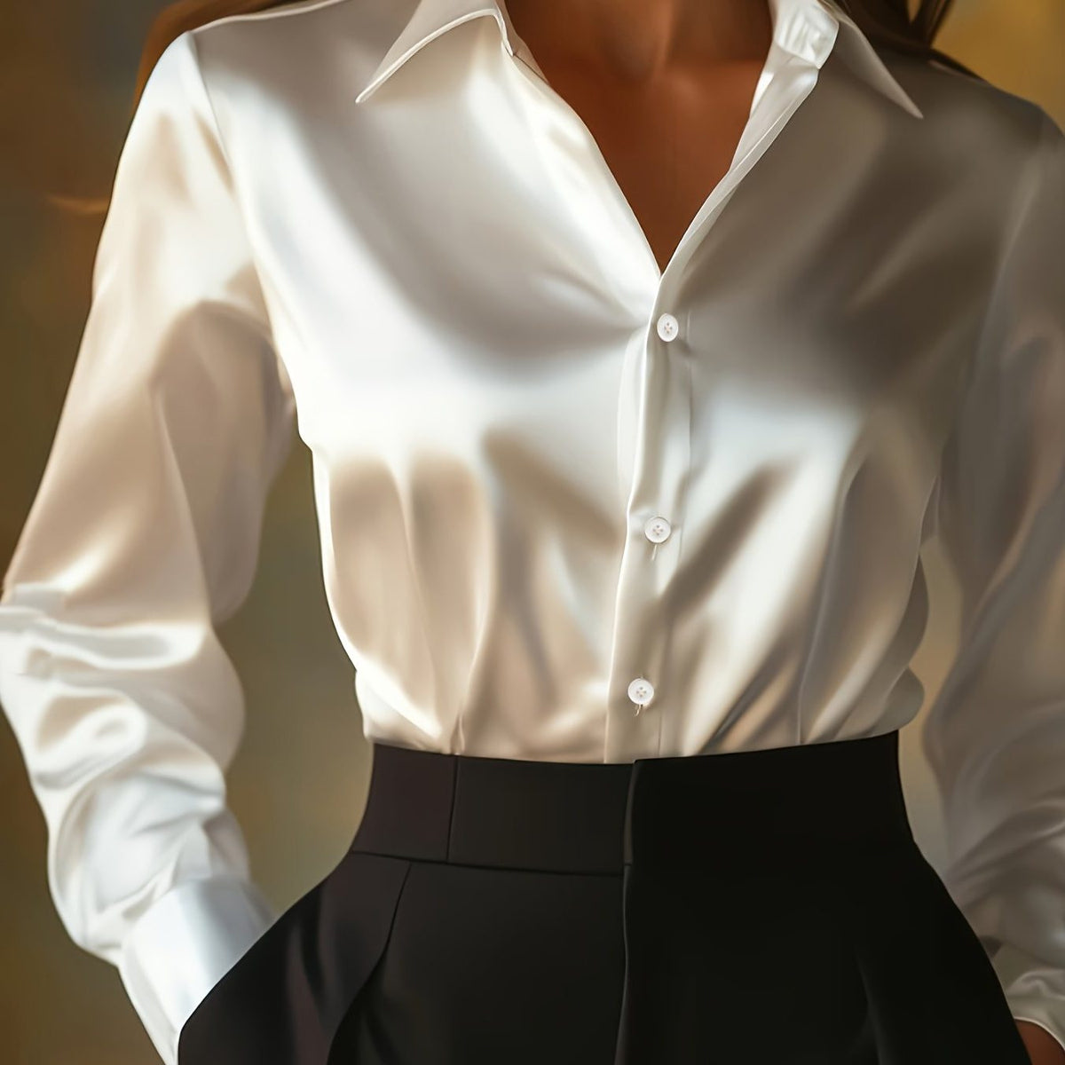 Satin Blouse with Pointed Collar and Long Sleeves - Apricot