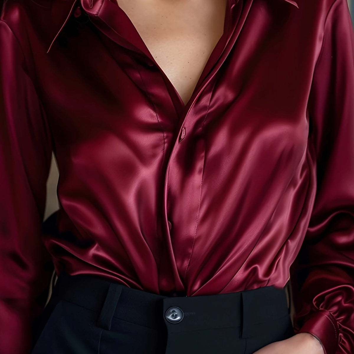 Satin Blouse with Pointed Collar and Long Sleeves - Crimson