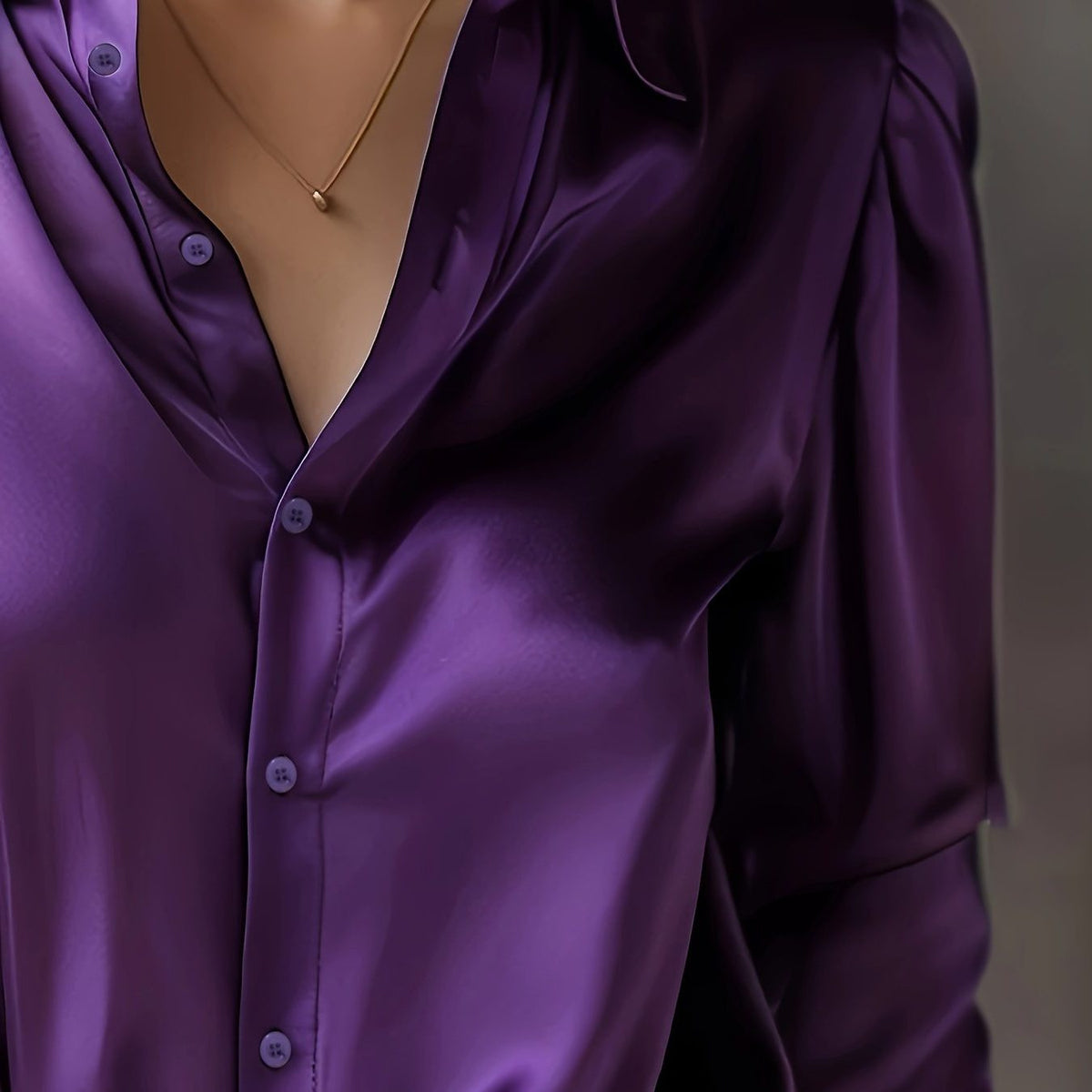 Satin Blouse with Pointed Collar and Long Sleeves - Dark Purple