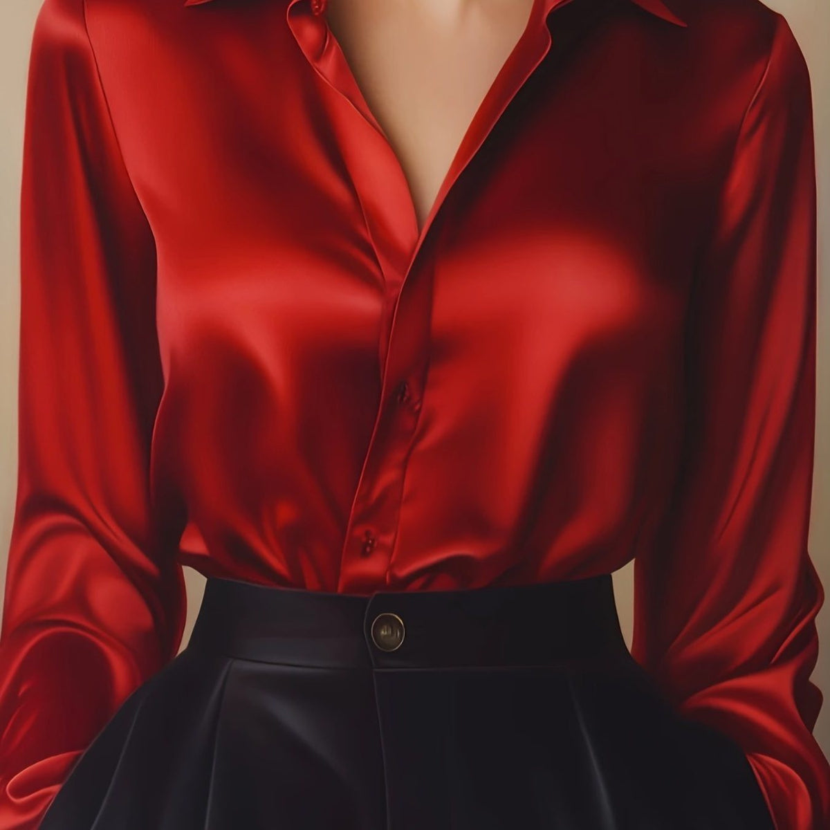 Satin Blouse with Pointed Collar and Long Sleeves - Red