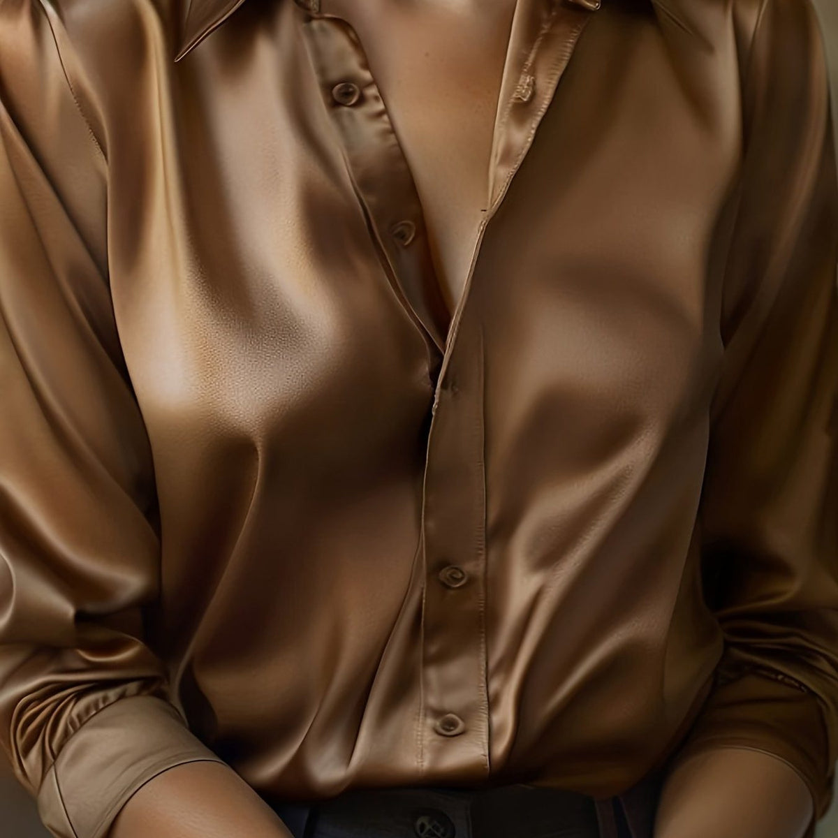 Satin Blouse with Pointed Collar and Long Sleeves - Camel