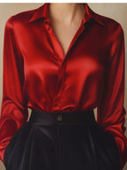 Satin Blouse with Pointed Collar and Long Sleeves
