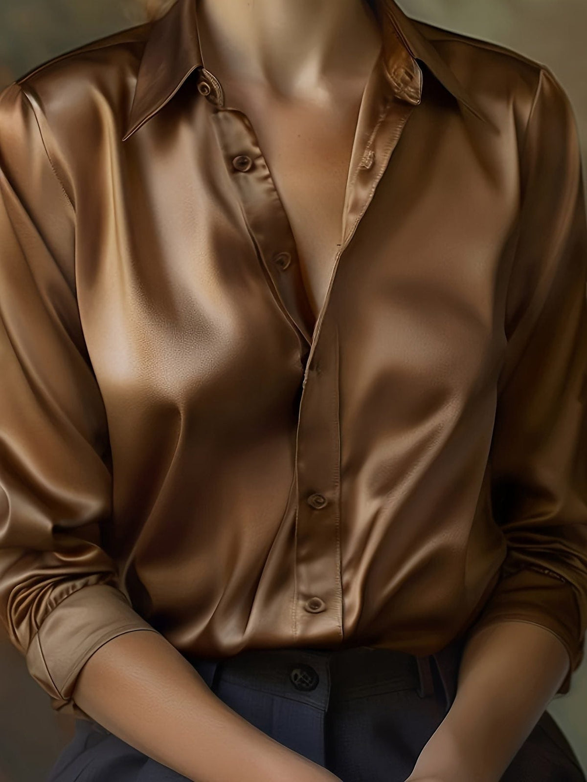 Satin Blouse with Pointed Collar and Long Sleeves