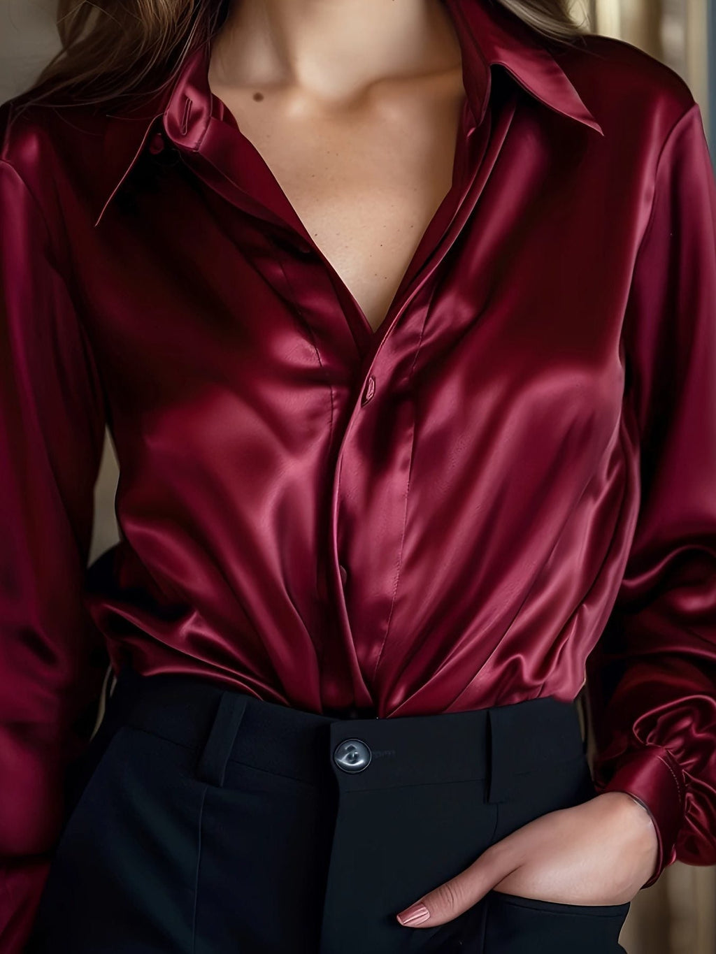 Satin Blouse with Pointed Collar and Long Sleeves