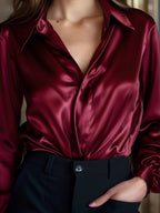 Satin Blouse with Pointed Collar and Long Sleeves