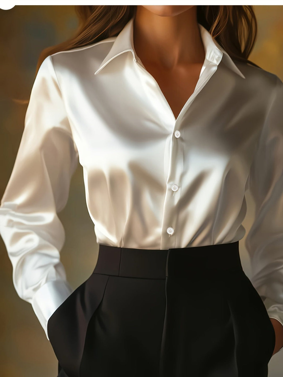 Satin Blouse with Pointed Collar and Long Sleeves