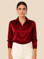 Satin Button-Down Shirt with Pointed Collar and Cuffs - Red