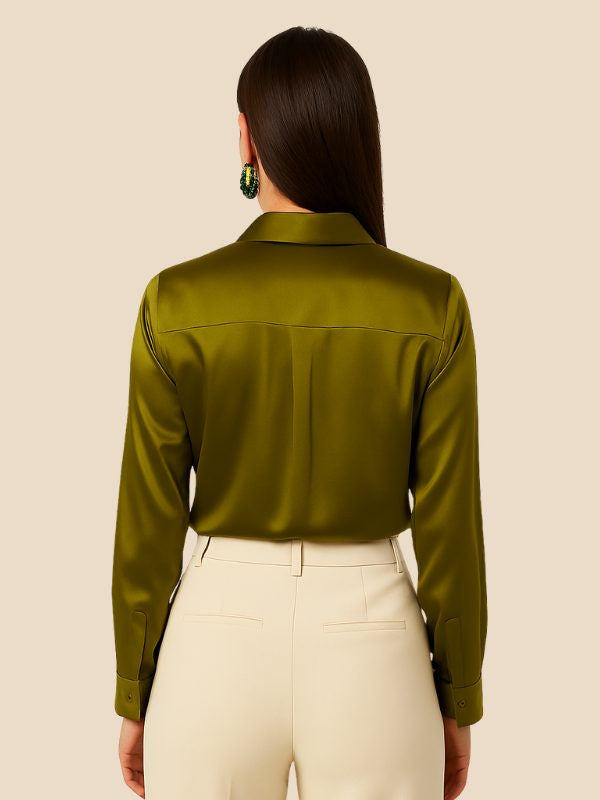 Satin Button-Down Shirt with Pointed Collar and Cuffs