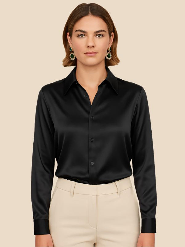 Satin Button-Down Shirt with Pointed Collar and Cuffs - Black