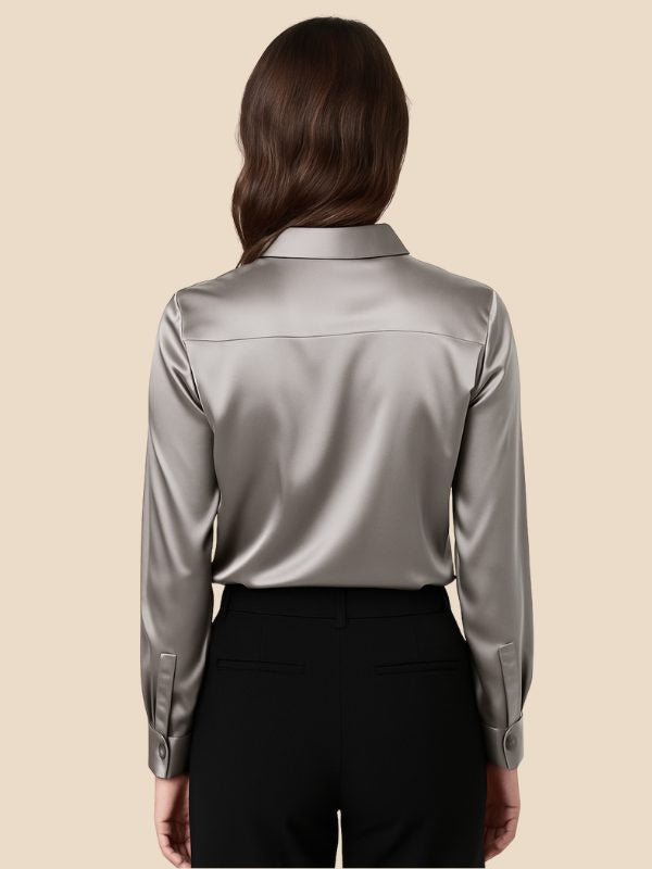 Satin Button-Down Shirt with Pointed Collar and Cuffs