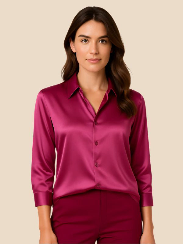 Satin Button-Down Shirt with Pointed Collar and Cuffs - Pink
