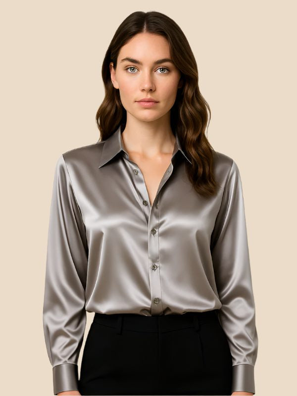 Satin Button-Down Shirt with Pointed Collar and Cuffs - Grey