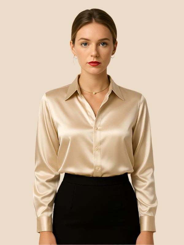 Satin Button-Down Shirt with Pointed Collar and Cuffs - Beige