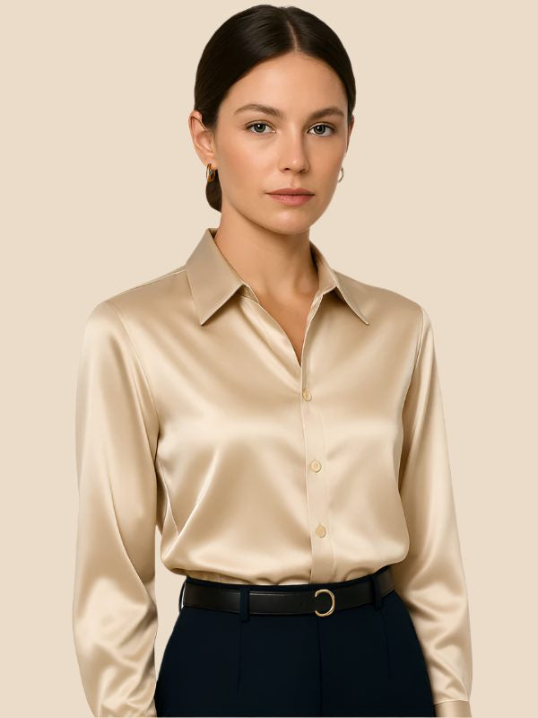 Satin Button-Down Shirt with Pointed Collar and Cuffs - Apricot