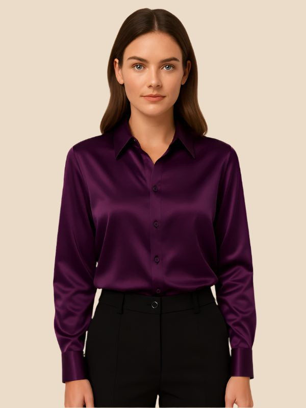 Satin Button-Down Shirt with Pointed Collar and Cuffs