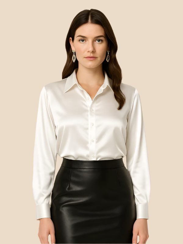 Satin Button-Down Shirt with Pointed Collar and Cuffs - White