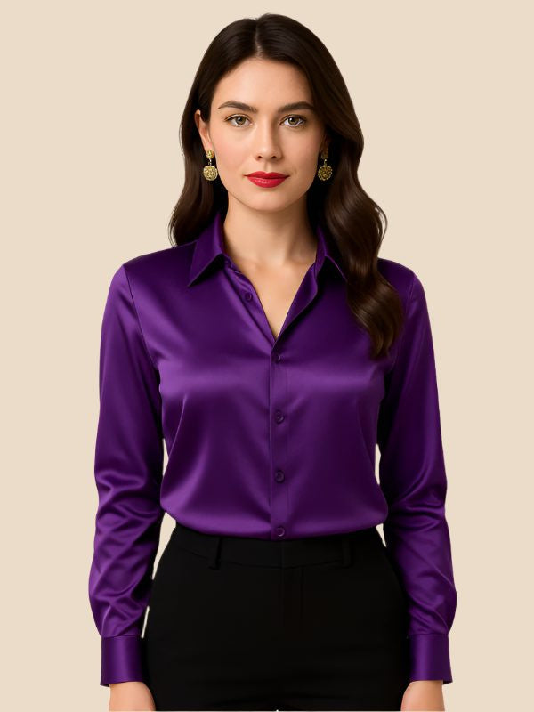 Satin Button-Down Shirt with Pointed Collar and Cuffs - Purple