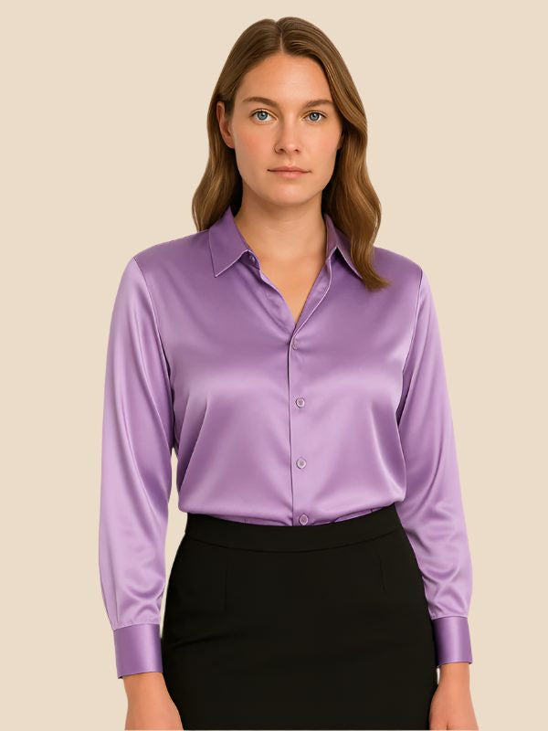Satin Button-Down Shirt with Pointed Collar and Cuffs - Lavender