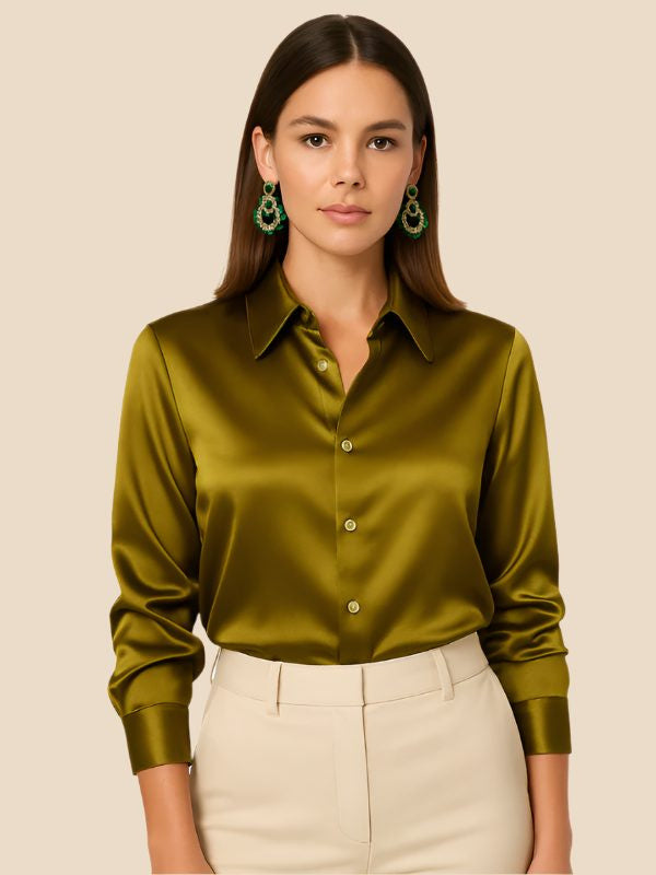 Satin Button-Down Shirt with Pointed Collar and Cuffs - Yellow
