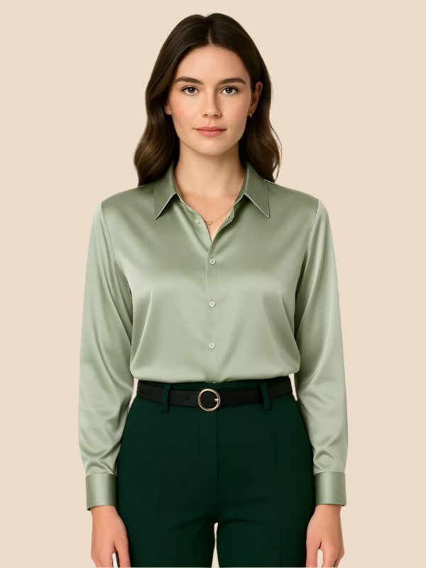 Satin Button-Down Shirt with Pointed Collar and Cuffs - Green