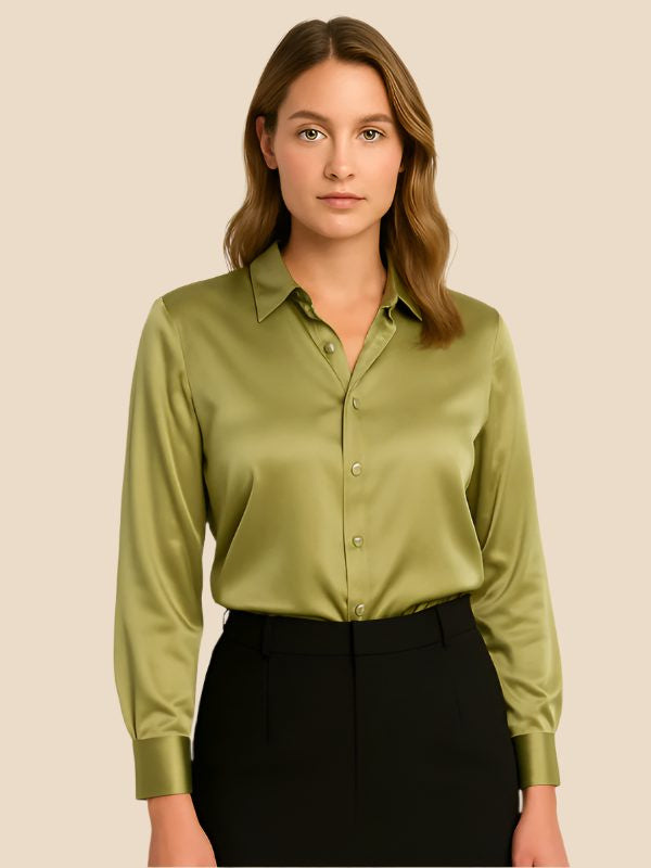 Satin Button-Down Shirt with Pointed Collar and Cuffs - Light Green