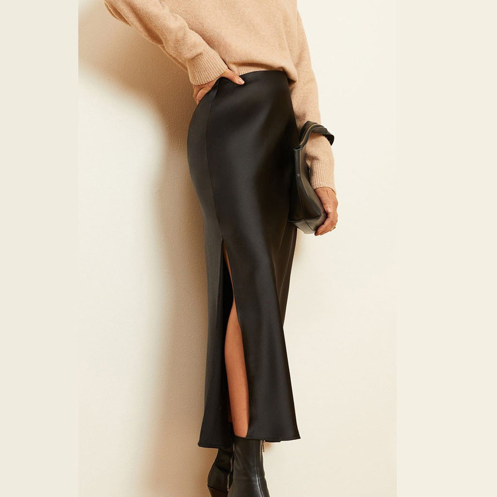 Satin Midi Skirt with High Waist and Diagonal Split