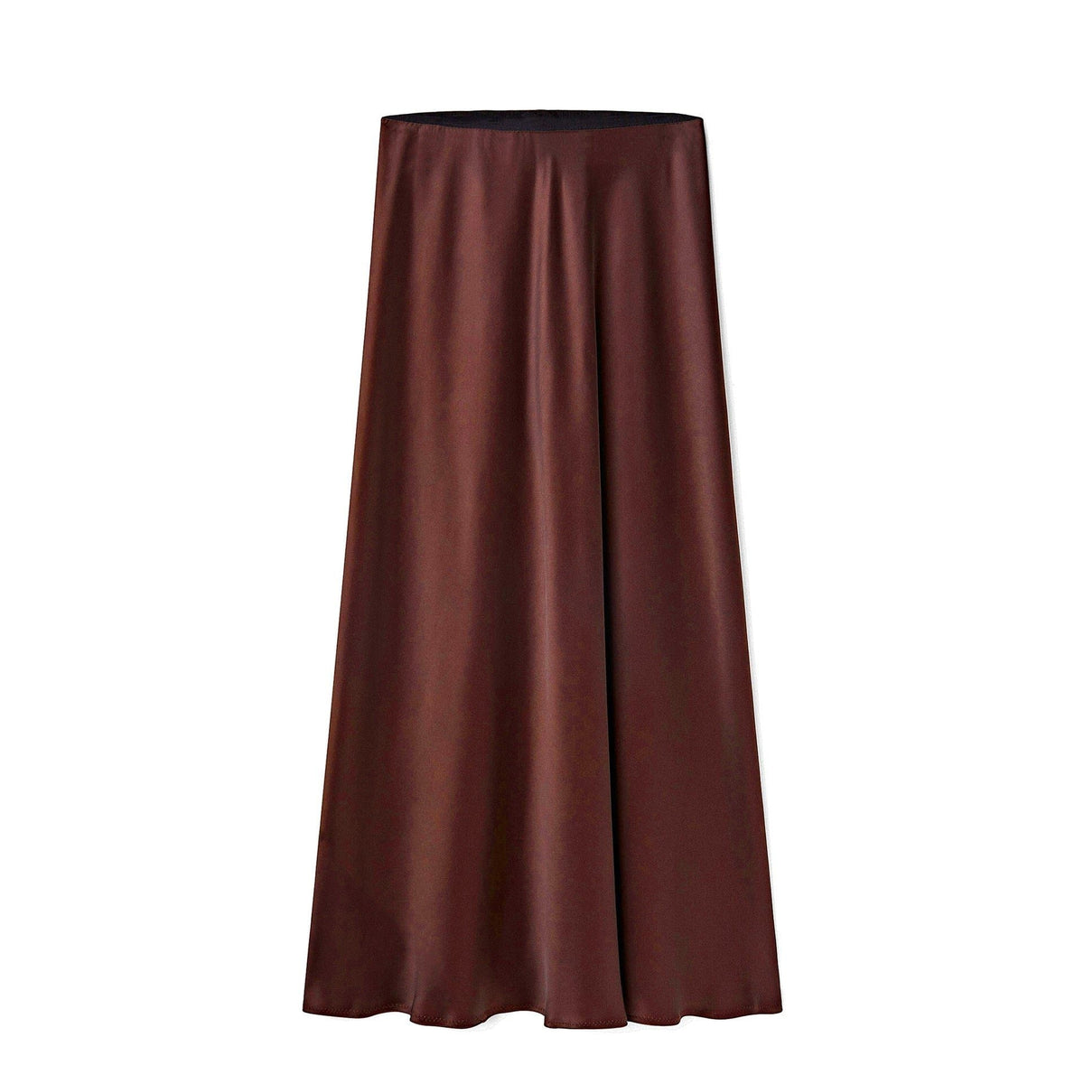 Satin Midi Skirt with High Waist and Diagonal Split - Chocolate