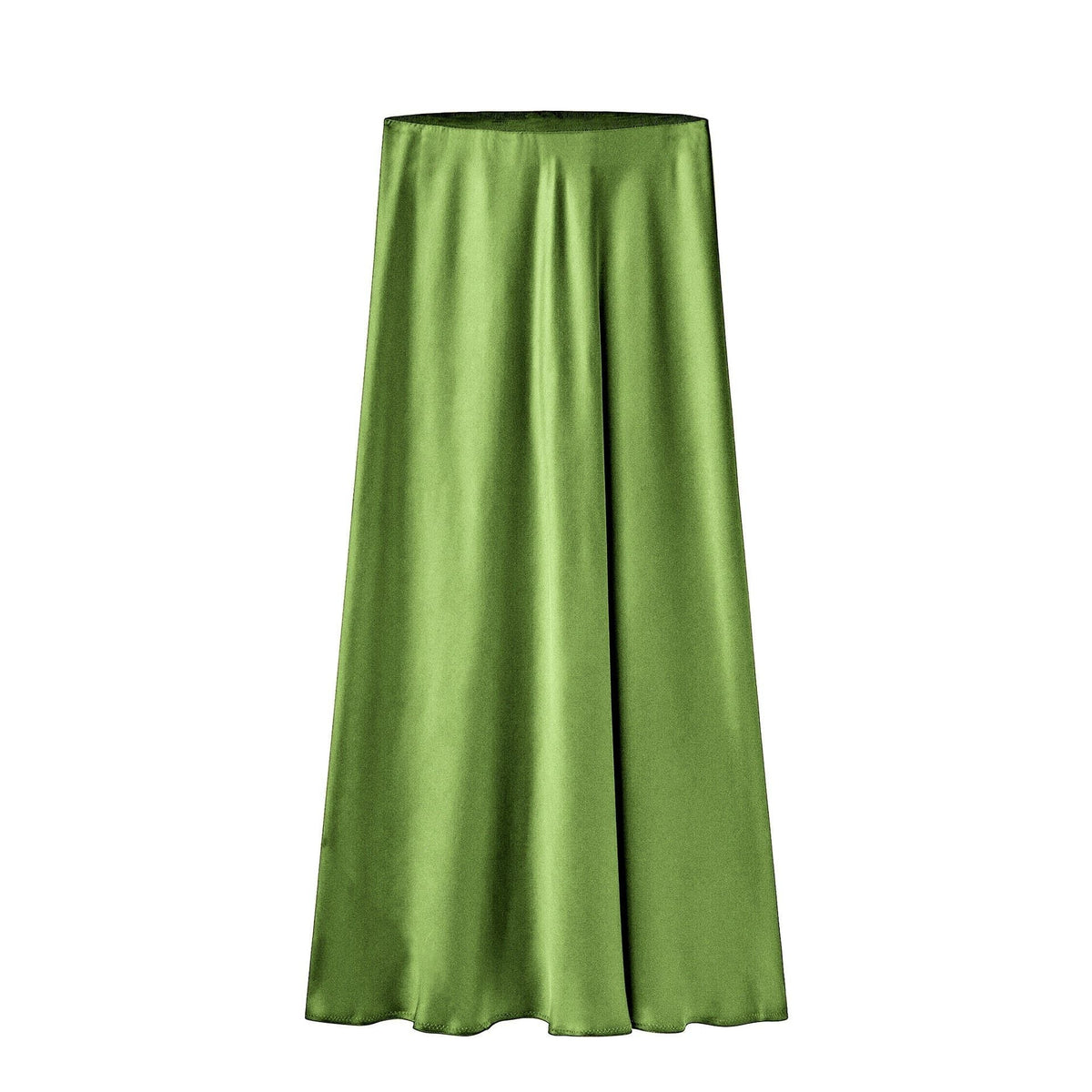 Satin Midi Skirt with High Waist and Diagonal Split - Olive Green