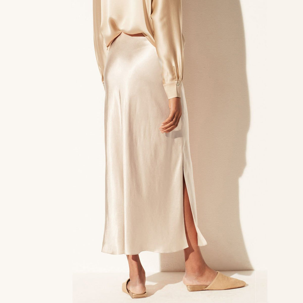 Satin Midi Skirt with High Waist and Diagonal Split