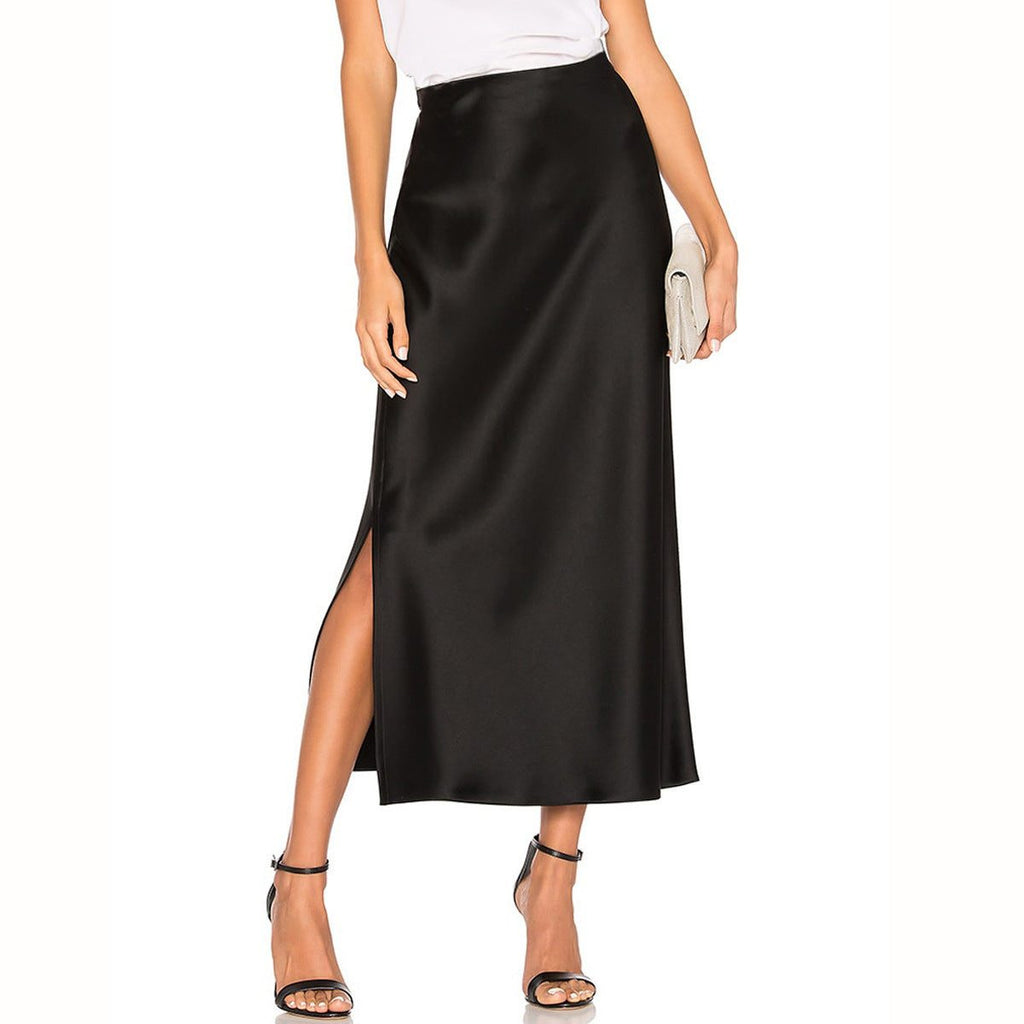 Satin Midi Skirt with High Waist and Diagonal Split