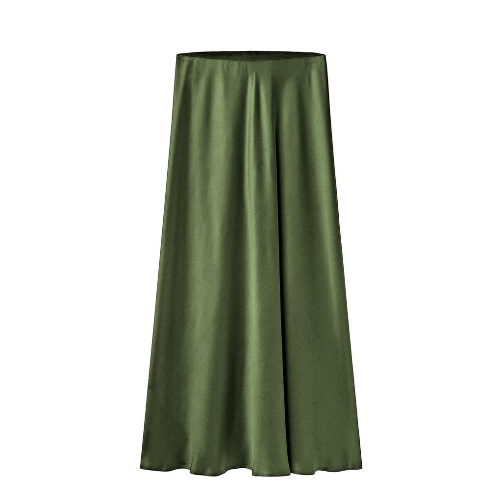 Satin Midi Skirt with High Waist and Diagonal Split - Military Green
