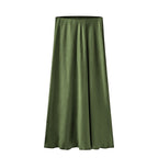 Satin Midi Skirt with High Waist and Diagonal Split - Military Green