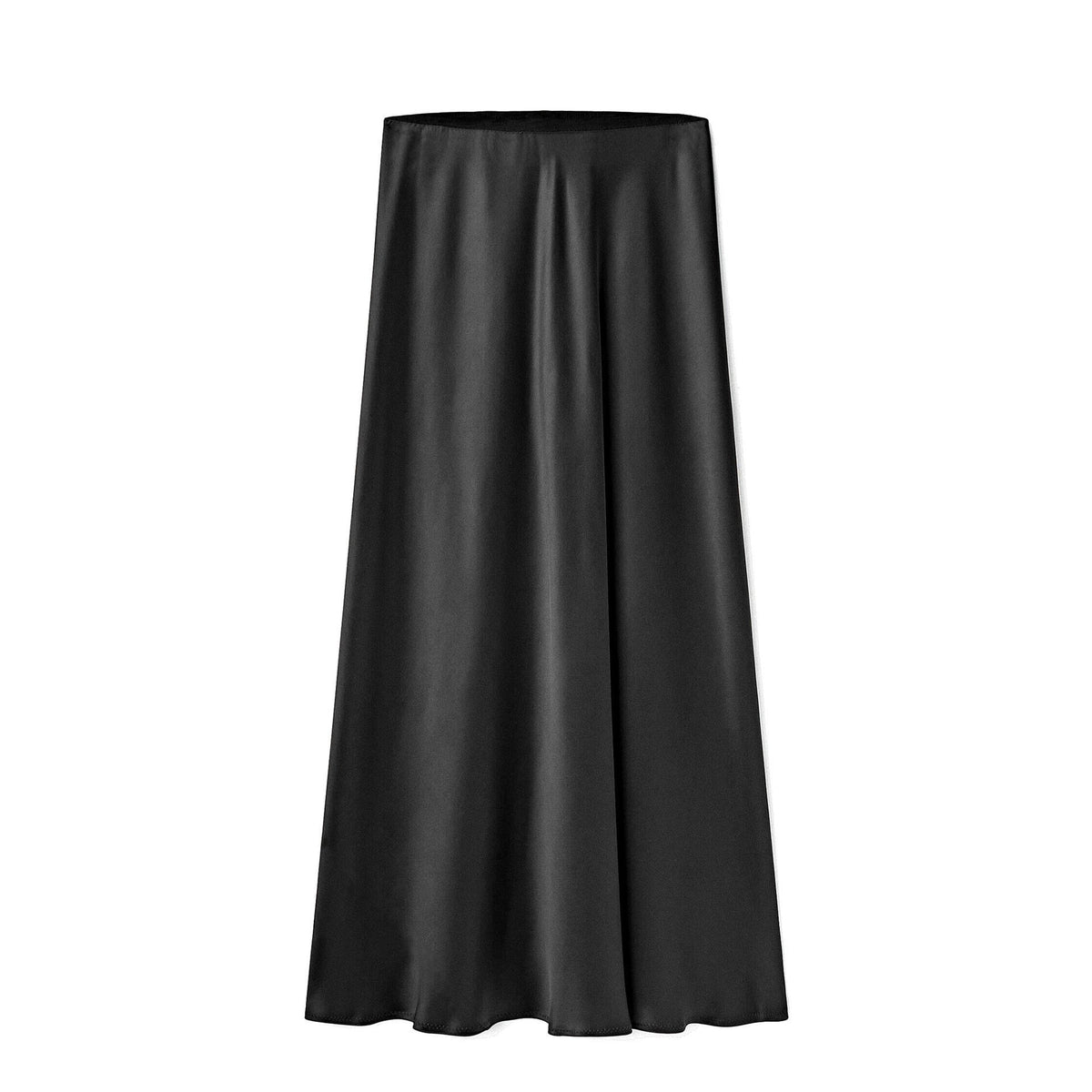 Satin Midi Skirt with High Waist and Diagonal Split - Black