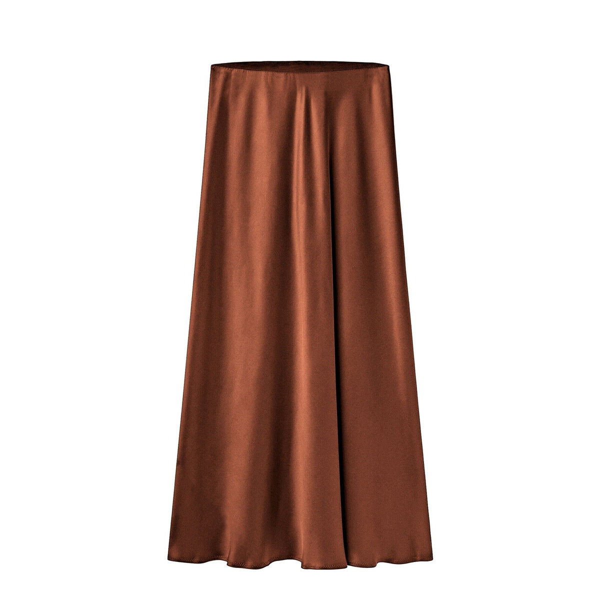 Satin Midi Skirt with High Waist and Diagonal Split - Brown