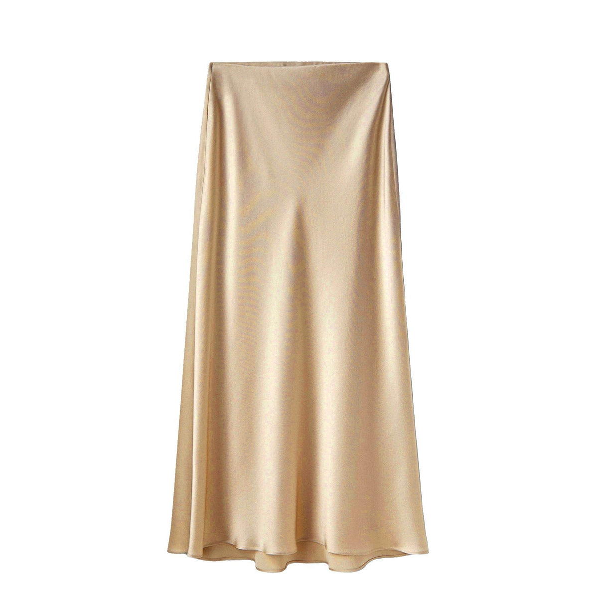 Satin Midi Skirt with High Waist and Diagonal Split - Champagne