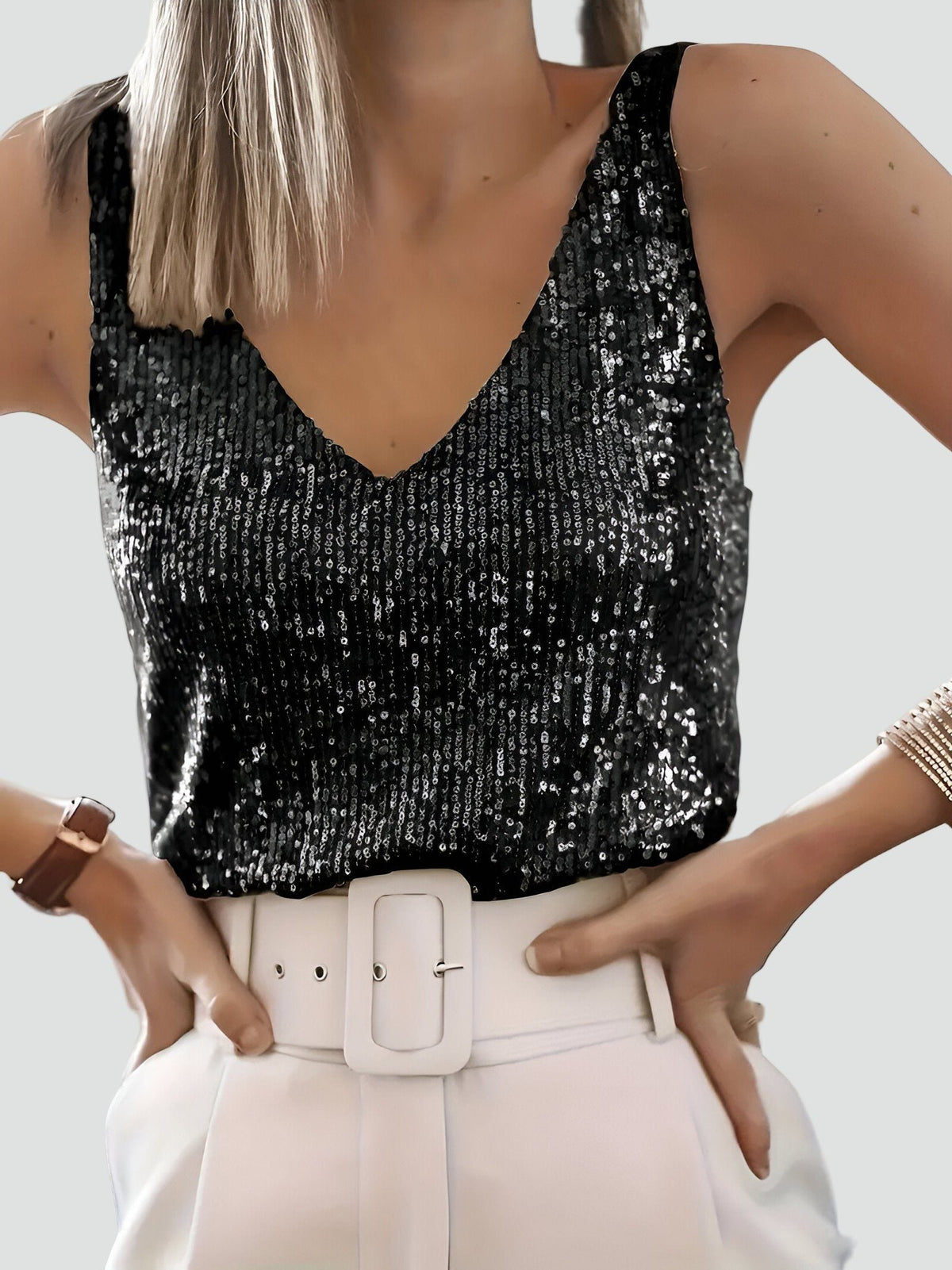 Sequin Tank Top with V-Neck and Sleeveless Cut - Black