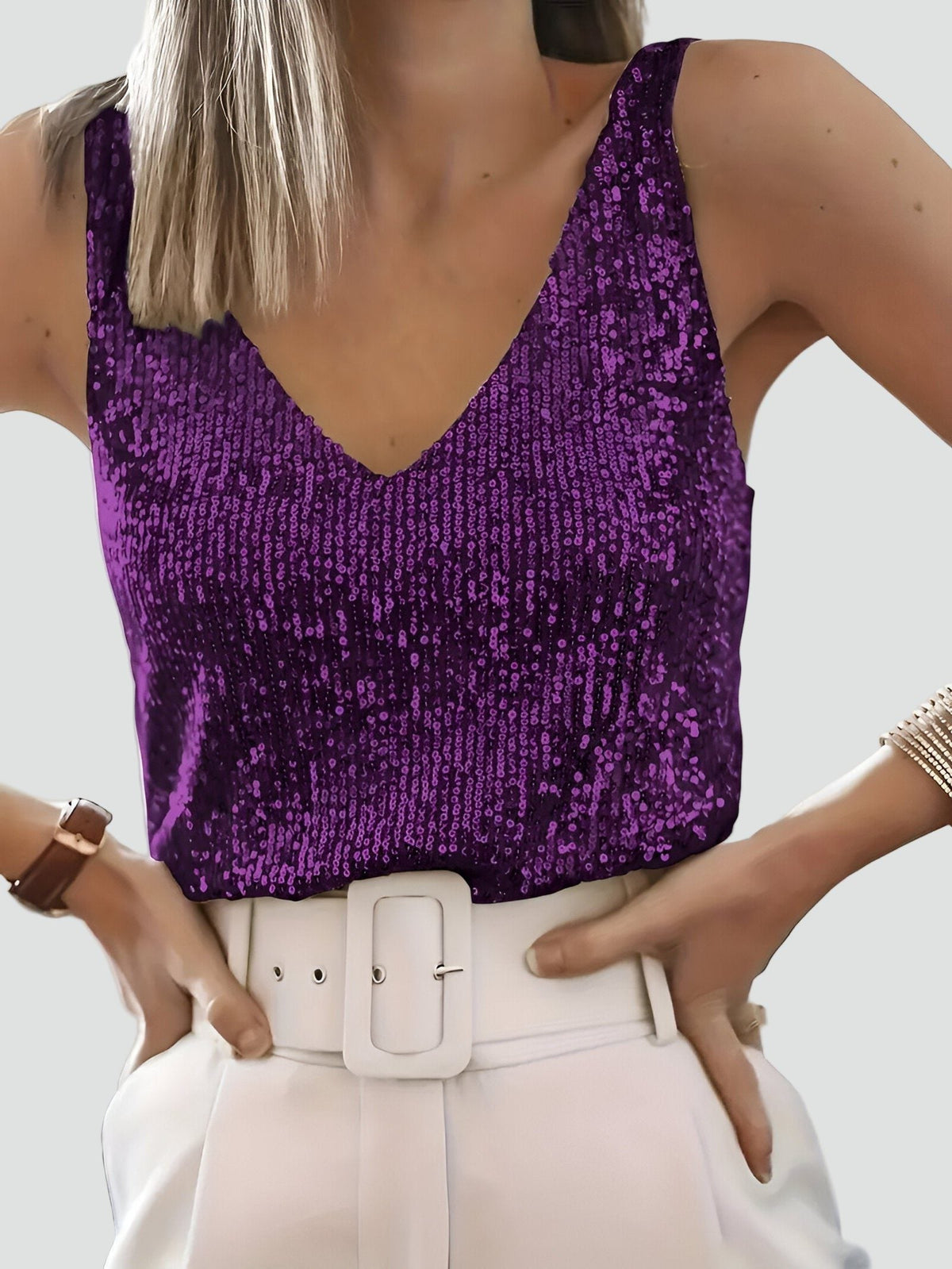 Sequin Tank Top with V-Neck and Sleeveless Cut - Purple