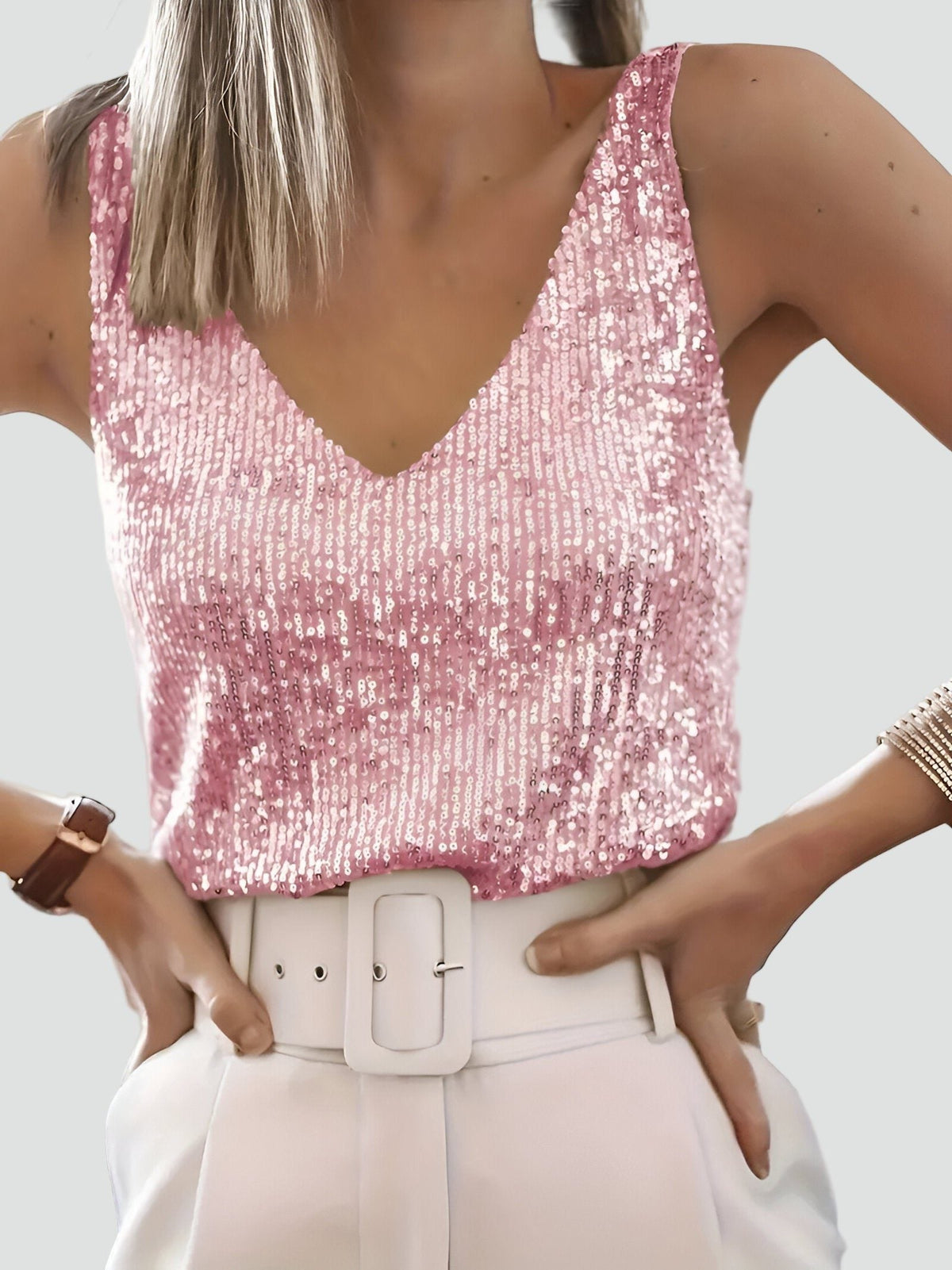 Sequin Tank Top with V-Neck and Sleeveless Cut - Pink