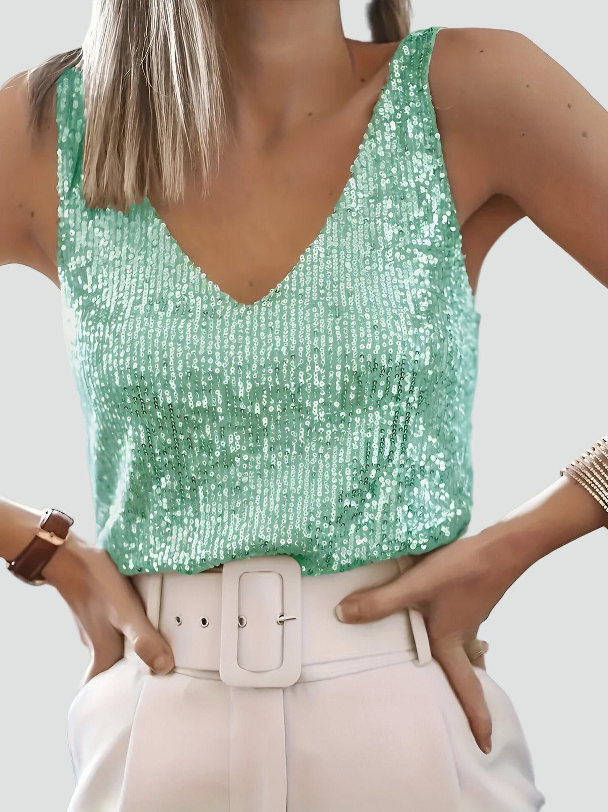 Sequin Tank Top with V-Neck and Sleeveless Cut - Light Green