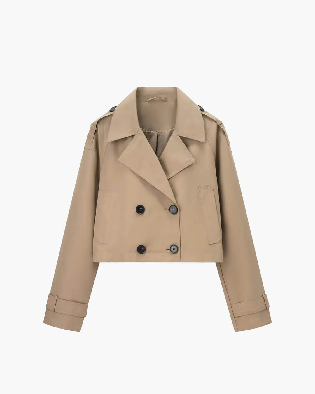 Short Double-Breasted Trench Coat with Notch Lapels - Khaki